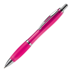 Penna a sfera in plastica trasparente con dettagli metallici e inchiostro blu color rosa