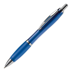 Penna a sfera in plastica trasparente con dettagli metallici e inchiostro blu color blu trasparente