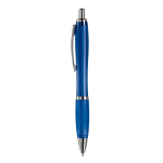 Penna a sfera in plastica trasparente con dettagli metallici e inchiostro blu color blu trasparente terza vista