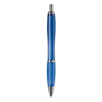 Penna a sfera in plastica trasparente con dettagli metallici e inchiostro blu color blu trasparente quarta vista