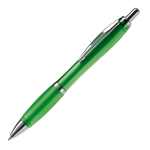 Penna a sfera in plastica trasparente con dettagli metallici e inchiostro blu color verde trasparente