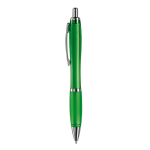 Penna a sfera in plastica trasparente con dettagli metallici e inchiostro blu color verde trasparente terza vista
