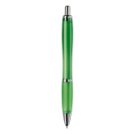 Penna a sfera in plastica trasparente con dettagli metallici e inchiostro blu color verde trasparente quarta vista