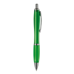 Penna a sfera in plastica trasparente con dettagli metallici e inchiostro blu color verde trasparente quinta vista