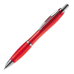Penna a sfera in plastica trasparente con dettagli metallici e inchiostro blu color rosso trasparente