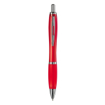 Penna a sfera in plastica trasparente con dettagli metallici e inchiostro blu color rosso trasparente seconda vista
