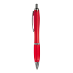 Penna a sfera in plastica trasparente con dettagli metallici e inchiostro blu color rosso trasparente terza vista