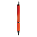 Penna a sfera in plastica trasparente con dettagli metallici e inchiostro blu color rosso trasparente quarta vista