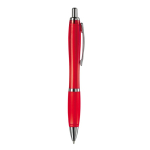 Penna a sfera in plastica trasparente con dettagli metallici e inchiostro blu color rosso trasparente quinta vista