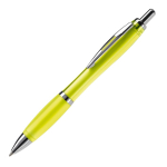 Penna a sfera in plastica trasparente con dettagli metallici e inchiostro blu color giallo trasparente