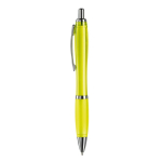 Penna a sfera in plastica trasparente con dettagli metallici e inchiostro blu color giallo trasparente terza vista