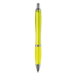 Penna a sfera in plastica trasparente con dettagli metallici e inchiostro blu color giallo trasparente quarta vista