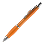 Penna a sfera in plastica trasparente con dettagli metallici e inchiostro blu color arancione trasparente