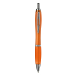 Penna a sfera in plastica trasparente con dettagli metallici e inchiostro blu color arancione trasparente seconda vista