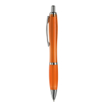 Penna a sfera in plastica trasparente con dettagli metallici e inchiostro blu color arancione trasparente terza vista