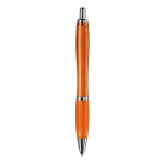 Penna a sfera in plastica trasparente con dettagli metallici e inchiostro blu color arancione trasparente quarta vista