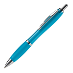 Penna a sfera in plastica trasparente con dettagli metallici e inchiostro blu color azzurro trasparente