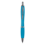 Penna a sfera in plastica trasparente con dettagli metallici e inchiostro blu color azzurro trasparente seconda vista