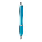 Penna a sfera in plastica trasparente con dettagli metallici e inchiostro blu color azzurro trasparente quarta vista