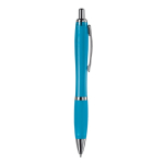 Penna a sfera in plastica trasparente con dettagli metallici e inchiostro blu color azzurro trasparente quinta vista