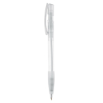 Penna a sfera in plastica prodotta in Germania con inchiostro blu ricaricabile color bianco trasparente terza vista