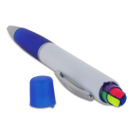 Penna a rotazione a inchiostro blu con tre evidenziatori sulla testa sesta vista