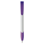 Penna in plastica bianca con clip ad arco colorata e inchiostro blu color viola seconda vista