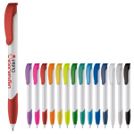 Penna in plastica bianca con clip ad arco colorata e inchiostro blu