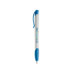 Penna in plastica bianca con clip ad arco colorata e inchiostro blu vista area di stampa