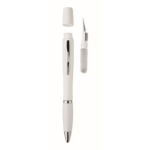 Penna con inchiostro blu che include kit di pulizia per auricolari color bianco