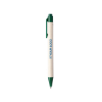 Penna a sfera realizzata materiali riciclati e inchiostro blu color verde vista area di stampa