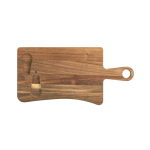 Tagliere per formaggi in legno di acacia con forchettone e coltello color legno scuro prima vista