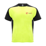 T-shirt sportiva per bambini a maniche corte 140g/m2 Roly Bugatti color giallo fluorescente vista con stampa serigrafica