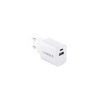 Adattatore di corrente in plastica riciclata con due porte USB color bianco immagine con logo