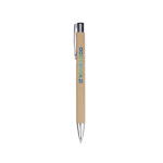 Penna a sfera in cartone riciclato con dettagli cromati inchiostro nero color marrone vista area di stampa