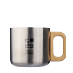 Tazza a doppia parete in acciaio riciclato con manico in bambù 400 ml color argento vista area di stampa