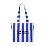 Borsa mare promozionale in cotone riciclato con motivo a righe color blu reale vista area di stampa
