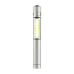 Torcia personalizzabile con luce COB, magnete e clip in metallo color argento prima vista