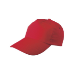 Cappellino in cotone a 5 pannelli con chiusura regolabile in plastica color rosso terza vista