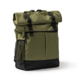 Zaino in poliestere 900D con chiusura roll-top e cinghie color verde militare prima vista d'uso