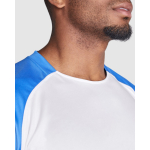 T-shirt tecnica raglan in poliestere 140 g/m2 Roly Direct Bugatti color bianco/blu vista dettaglio 1