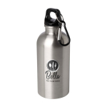 Borraccia in acciaio inox riciclato con moschettone da 400ml color argento vista con stampa tampografica