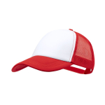 Cappellino trucker in poliestere a 5 pannelli con chiusura regolabile color rosso prima vista