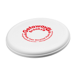 Frisbee rotondo in plastica riciclata con finitura maculata color bianco vista con stampa serigrafica