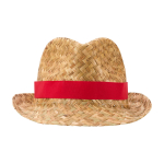 Cappello di paglia naturale traspirante con nastro personalizzabile color rosso seconda vista frontale