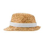 Cappello di paglia naturale traspirante con nastro personalizzabile color bianco vista laterale
