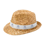 Cappello di paglia naturale traspirante con nastro personalizzabile color bianco vista con stampa in transfer