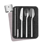 Custodia con set di posate in acciaio inox e cannuccia WMF color argento