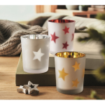 Candela a LED in barattolo di vetro con stelline natalizie color rosso vista ambiente