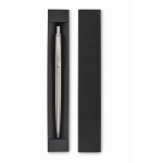 Penna a pulsante in acciaio inox in astuccio con inchiostro blu color argento opaco terza vista